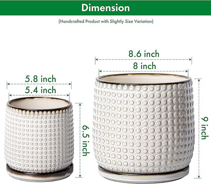 D'vine Dev 8 Inch 6 Inch Ceramic Indoor Planter Pots with Drainage Hole and Saucer, Beaded Design Flower Pots, Set of 2, Smoked White, 27-D-P-1