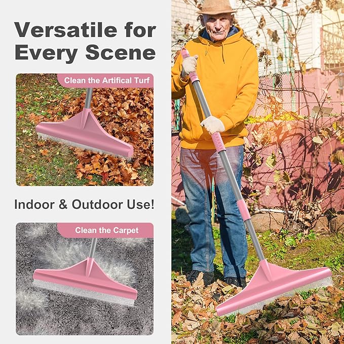 Artificial Turf Rake with Steel Telescopic Handle, 32 to 55 Inch 3 Piece-Pole Easy Storage Design, Garden Hand Boom Rake for Artificial Grass, Carpet Pet Hair, Lawn Leaves and Debris Remove, Pink