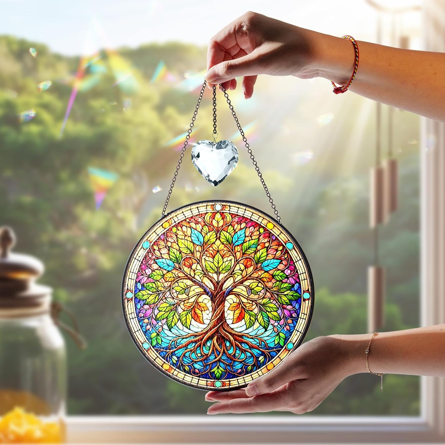 6" Tree of Life Suncatcher, Stained Glass Window Hangings Decorations, Tree Sun Catcher Effect, Suncatcher Decor for Home Garden Housewarming, Spiritual Gifts for Women Men Girl ART-13E-SG6