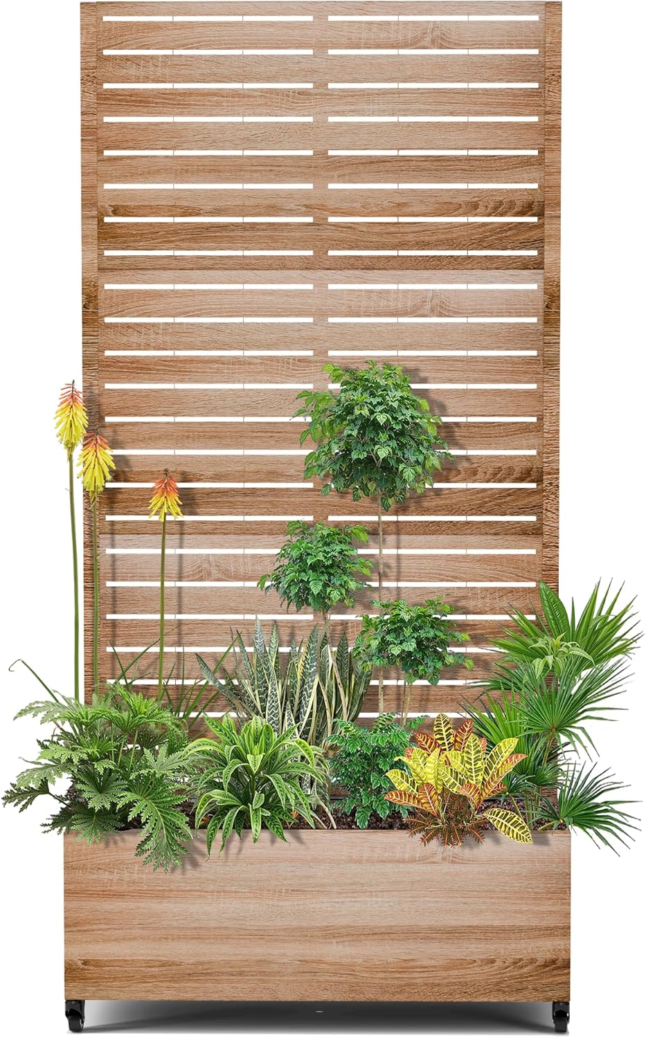 15.7"×70.9"×35.4" Metal Raised Garden Bed with Trellis and Wheels - Tall Trellis Planter Box for Climbing Plants, Vegetables & Vines - Outdoor Privacy Planters for Patio (Cut Oak Grain)
