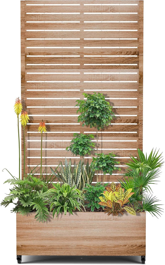 15.7"×70.9"×35.4" Metal Raised Garden Bed with Trellis and Wheels - Tall Trellis Planter Box for Climbing Plants, Vegetables & Vines - Outdoor Privacy Planters for Patio (Cut Oak Grain)