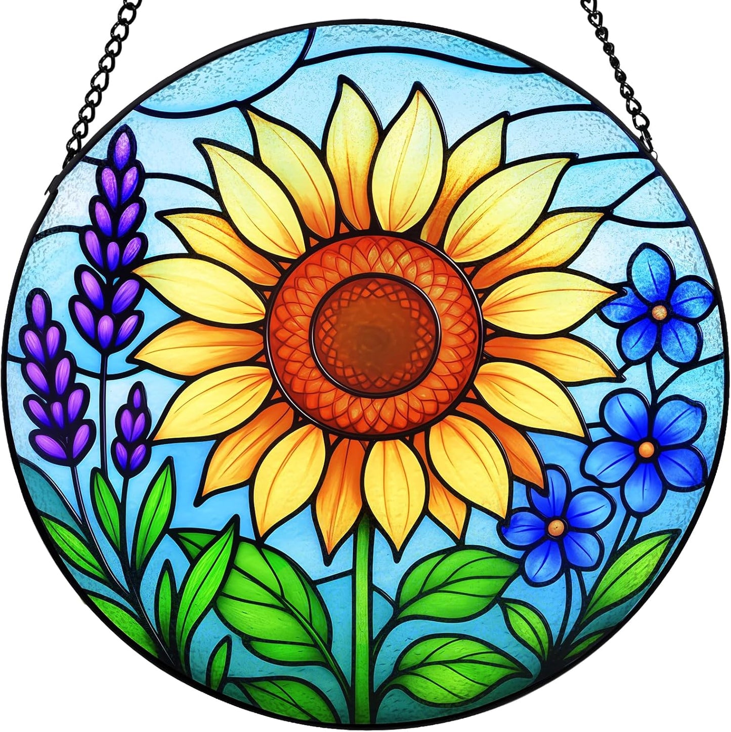 Sunflower Stained Glass Window Hanging – Round Sunflower Suncatcher for Window, Garden or Home Decor – Bright Floral Glass Panel Ornament (12 Inch)