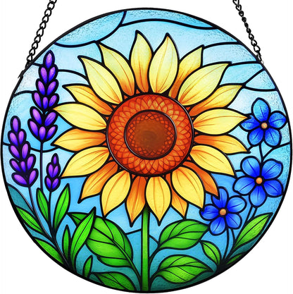 Sunflower Stained Glass Window Hanging – Round Sunflower Suncatcher for Window, Garden or Home Decor – Bright Floral Glass Panel Ornament (12 Inch)
