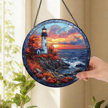 Coastal Lighthouse in Autumn Suncatcher -7.9 in Stained Glass Window Hanging Sun Catcher Garden Decor