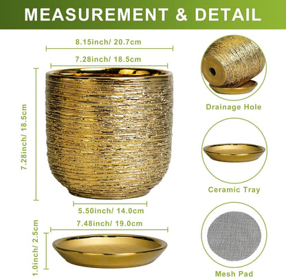 8 Inch Plant Pot - Ceramic Planter with Drainage Hole and Saucer, Modern Round Planter for Indoor Flowers, Gifts for Plant Lovers, Home House Office Room Decor, Gold