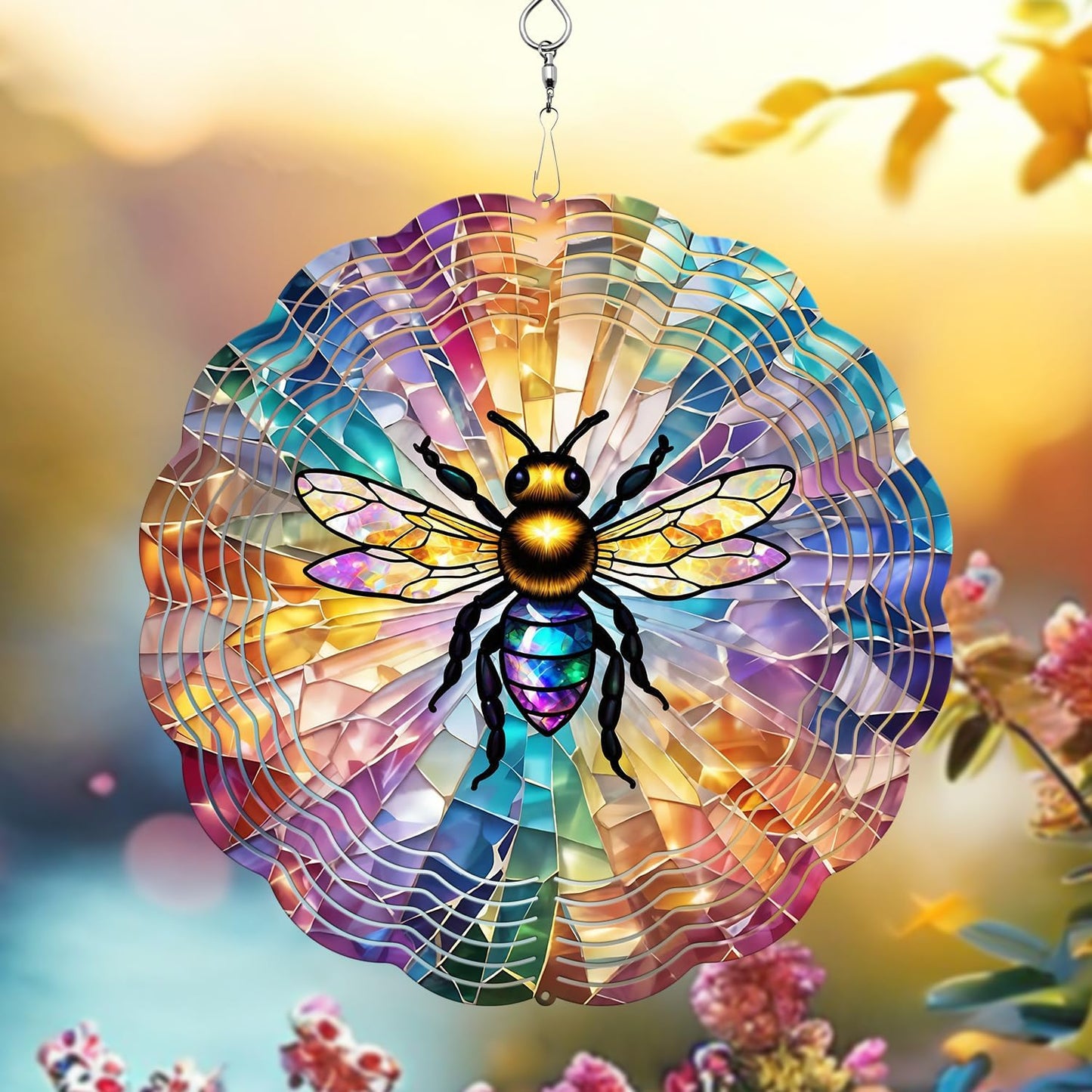 Bee Wind Spinner, 3D Hanging Stainless Steel Garden Spinner, Wind Spinner Hanging for Outdoor & Indoor Décor, Unique Gifts for Yard Garden Decoration or Patio Décor (Bee)