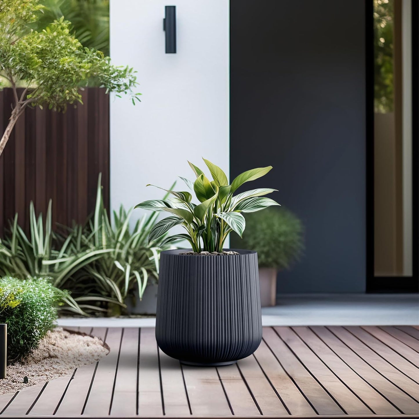 Kante 13.0" Dia Round Fluted Concrete Planter, Large Plant Pot with Drainage, Smooth Charcoal Finish with Warm Brown Interior, for Indoor and Outdoor Use