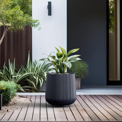 Kante 13.0" Dia Round Fluted Concrete Planter, Large Plant Pot with Drainage, Smooth Charcoal Finish with Warm Brown Interior, for Indoor and Outdoor Use