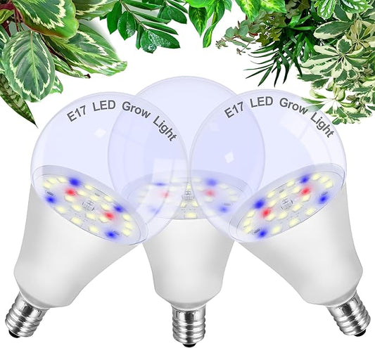ALIDE E17 Intermediate Base Plant Grow Light Bulbs for Indoor Plants, E17 Full Spectrum Sun Grow LED Lamp 10W with Balanced Spectrum 5000K Red Blue Yellow for Seeds Greens Laboratory,Greenhouse,3Pack