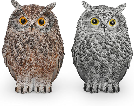2 Pack Realistic Owl Statues for Indoor & Outdoor Decoration, Effective Birds Deterrent for Garden, Patio, Yard, and Home Decor, Suitable for Spring Decor (Brown & Gray)