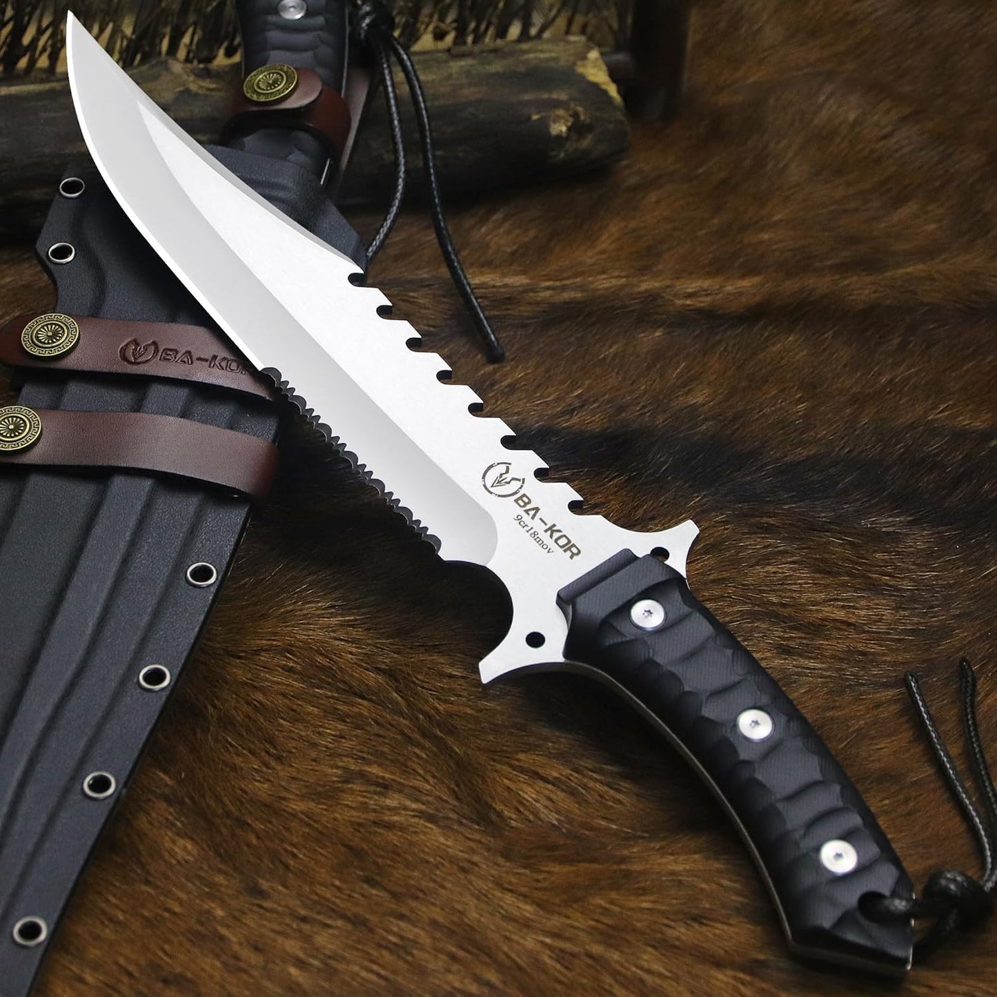 BA-KOR (15.8 inches) 5mm full Tang 9CR18MOV steel nylon fiber handle Bowie knife + sheath + (5.9 inches) cerium element striker, suitable for outdoor hunting, camping, survival, and daily carry of tools. (Sanding I (Half Teeth))