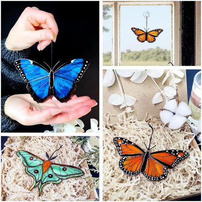 2024 New Handmade Stained Glass Butterfly Suncatcher, Sun Catcher Hanging for Car, Butterfly Decorations and Gifts for Women (B-Green)