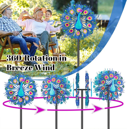 Metal Outdoor Wind Spinner, 2-Way Wind Sculpture Spinner with Metal Stake, Waterproof 360 Degrees Kinetic Windmill Art Decoration for Patio Garden Lawn (Peacock A)