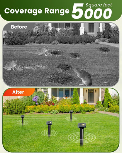 Snake & Mole & Skunk & Rabbit Repellent Solar Powered, Ultrasonic Deterrent, IP65 Waterproof, to Get Rid of Gopher, Groundhog, Rodent, Chipmunk, Raccoon, and Vole for Lawn & Garden, 4 Pack