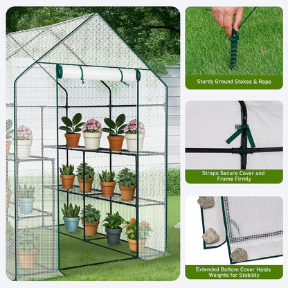 Outvita Walk-in Greenhouse, Outdoor Durable PE Plant Green House for Frost Protection with 3 Tiers 8 Shelves, Shelf Clips, Roll-up Zipper Door, 56"x56"x77" White