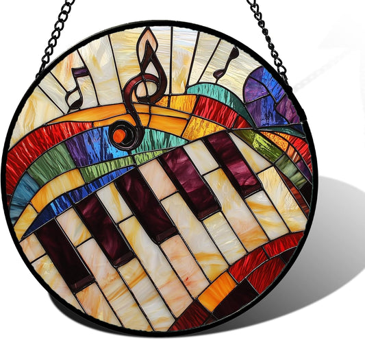 Stained Glass Window Hanging, Piano Notes Sun Catchers Glass Panel Suncatcher Decor for Birthday