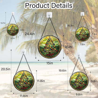 Stained Glass Window Hanging - Green Christmas Tree Gold Ribbon Suncatcher for Doors Home Christmas Decoration Sun Catcher Thanksgiving New Year Birthday Gifts for Women Men Mom Nana 11.8 in