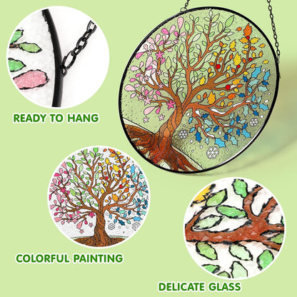 Tuitessine Big Size Tree of Life Stained Glass Suncatcher Four Season Theme Colorful Leaves Wall Window Hanging Ornament Hand-Painted Glass Panel Gift for Women Christmas Thanksgiving Gift 7.9 × 7.9”
