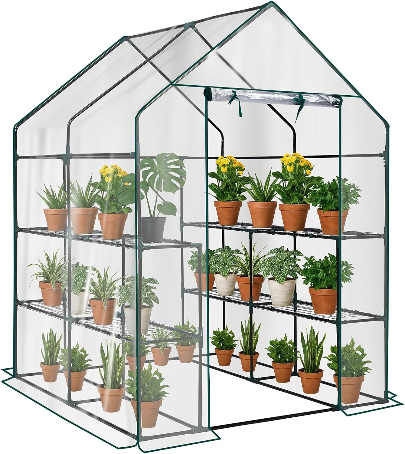 Outvita Walk-in Greenhouse, Outdoor Durable PVC Plant Green House for Frost Protection with 3 Tiers 8 Shelves, Shelf Clips, Roll-up Zipper Door, 56"x56"x77" Transparent