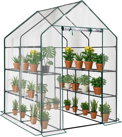 Outvita Walk-in Greenhouse, Outdoor Durable PVC Plant Green House for Frost Protection with 3 Tiers 8 Shelves, Shelf Clips, Roll-up Zipper Door, 56"x56"x77" Transparent