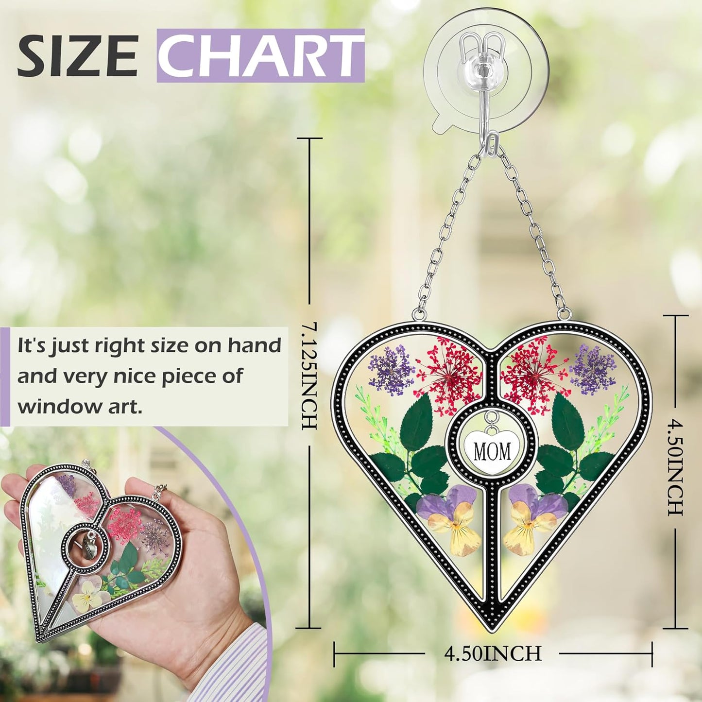 KY&BOSAM Heart Suncatcher Mom Gifts Stained Glass for Windows Hangings Wind Chimes Ornament,Pressed Flower in Glass and Metal Trim Mom Heart Charm Gift for Women Mother`s Day Birthday Christams Decor