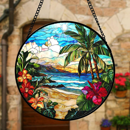 Stained Glass Window Hanging, Blue Beach Scenery Suncatcher Diamond Glass Panel Hangings Sun Catchers Decor for Birthday for Women, Men, Wife, Aunt, and Mom 7.8 in