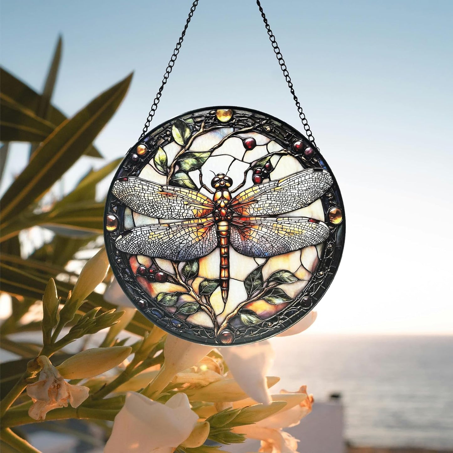 Stained Glass Window Hanging - Dragonfly Plant Suncatcher Ready to Hang Window Doors Home Decoration，7.9 inch