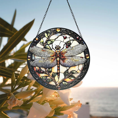 Stained Glass Window Hanging - Dragonfly Plant Suncatcher Ready to Hang Window Doors Home Decoration，7.9 inch