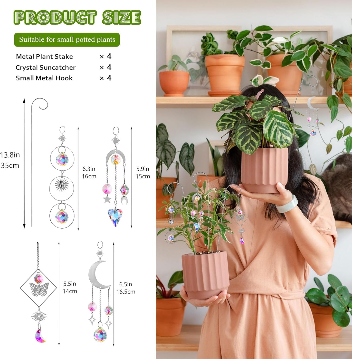 HDCRYSTALGIFTS 4 Pack Crystal Sun Catchers with Small Trellis for Potted Plants Indoor Plant Stake Suncatcher Decoration for Home Window Garden, Sliver