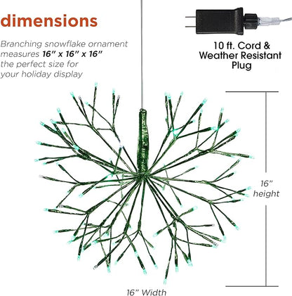 Alpine Corporation 16"H Indoor Holiday 3D Snowflake Hanging Ornament with LED Lights, Green , Christmas Decoration