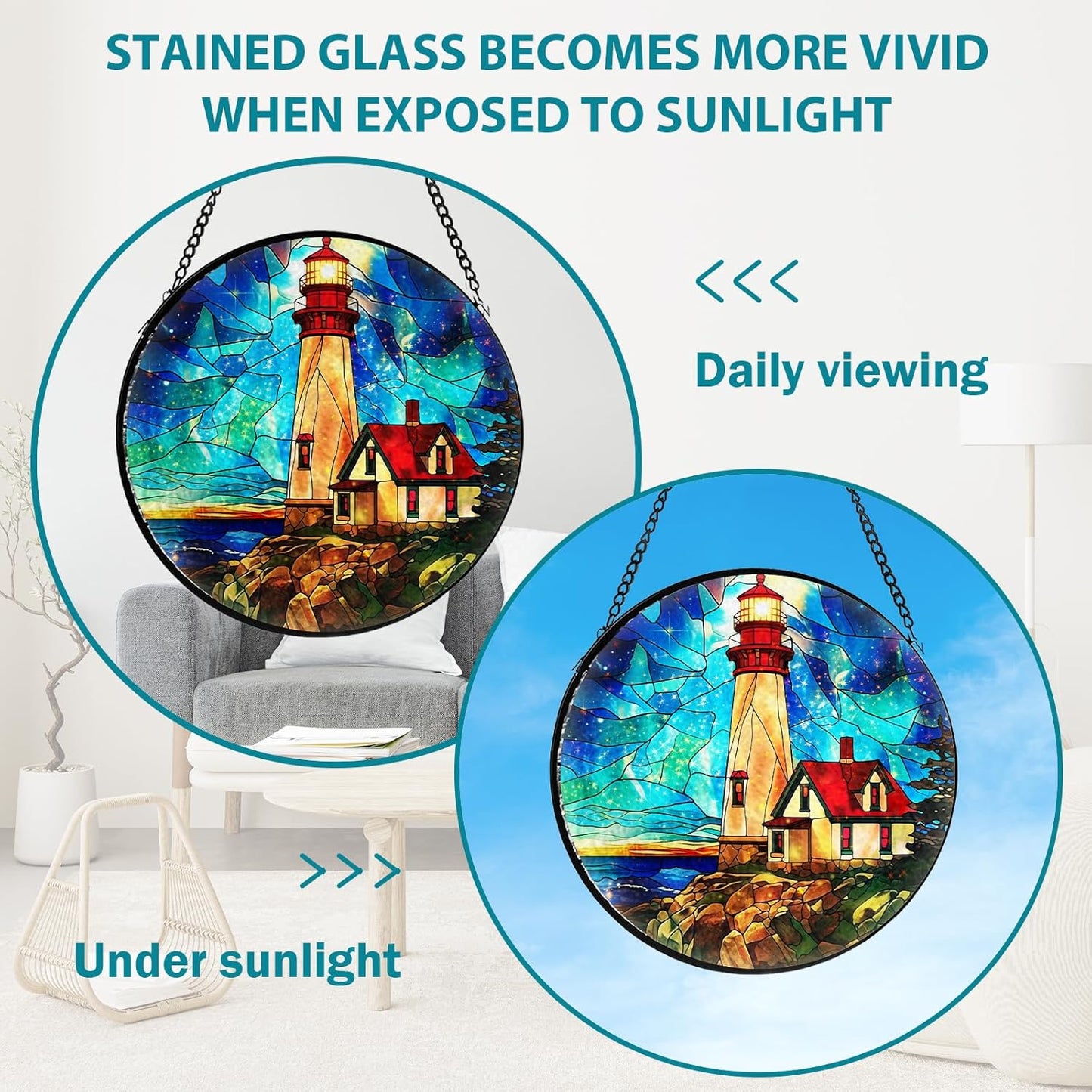 Lighthouse Stained Glass Window Hanging, Suncatcher Diamond Glass Panel Hangings, Suncatchers Indoor Windows Wall Art Decor, Gift for Mom Grandma, Christmas Decor for Home Office Garden 7.87 inches