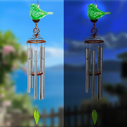 Wind Chimes, Solar Glass Bird Shape, LED, Outdoor Lawn and Patio Glass and Metal Decoration, 7 x 4 x 44 Inch (Green)