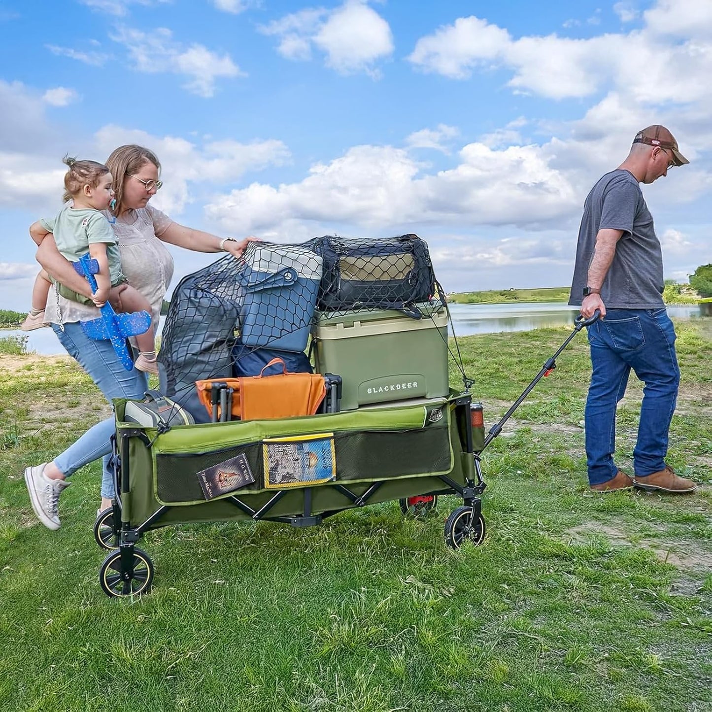 Timber Ridge 51.2'' Extended Collapsible Wagon Cart with Brakes and Cargo Net, Heavy Duty Foldable Utility Wagon with Adjustable Handle, 400L Capacity Portable Cart for Camping Sports Shopping