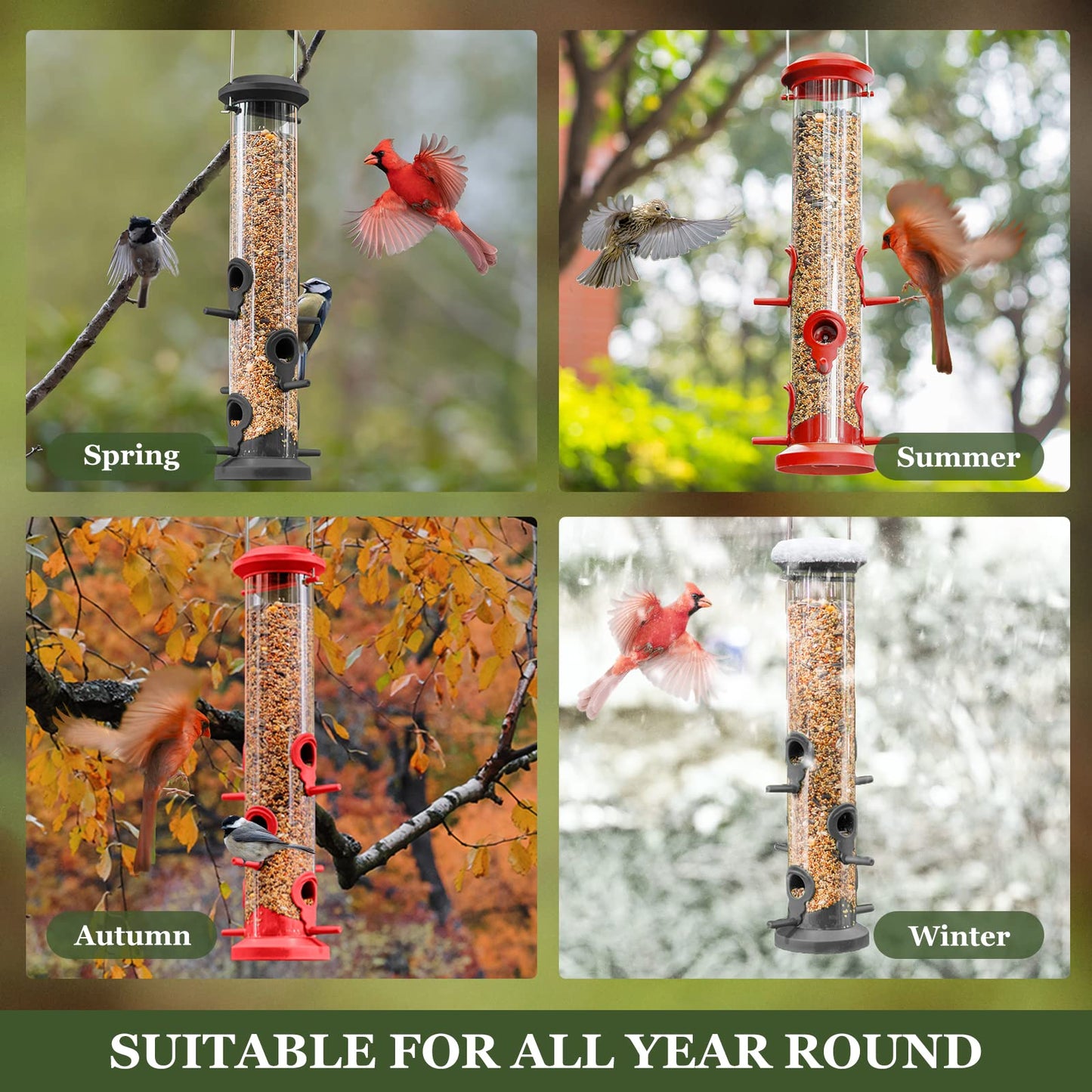 Kingsyard 2 Pack Tube Feeders with 6 Feeding Ports for Outdoors Hanging, Premium Hard Plastic