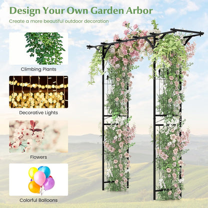 LDAILY Wedding Arch, 6.8FT Rustproof Metal Garden Arbor with Extended Roof & 4 Stakes, Outdoor Plant Support for Vines Roses, Decorative Trellis for Climbing Plants Outdoor for Lawn Wedding Ceremony