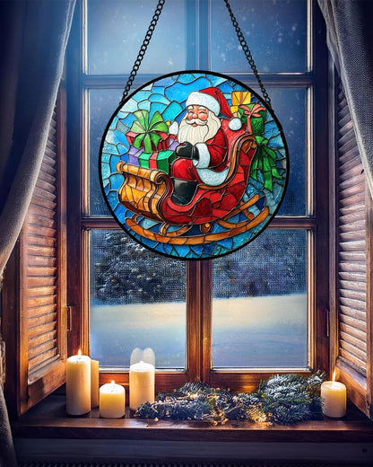 Stained Glass Window Hanging - Red Santa Claus Gift Box Suncatcher for Doors Home Christmas Decoration Winter Sun Catcher Thanksgiving New Year Birthday Gift for Women Men Mom Nana 7.8 in