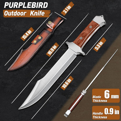 PURPLEBIRD 10" Fixed Blade Hunting Knife for Men, Full Tang Bowie Knife with Sheath, Heavy Duty Machete Knifes, Stainless High Carbon Steel Survival Knives for Camping, Bushcraft, Gifts for Men