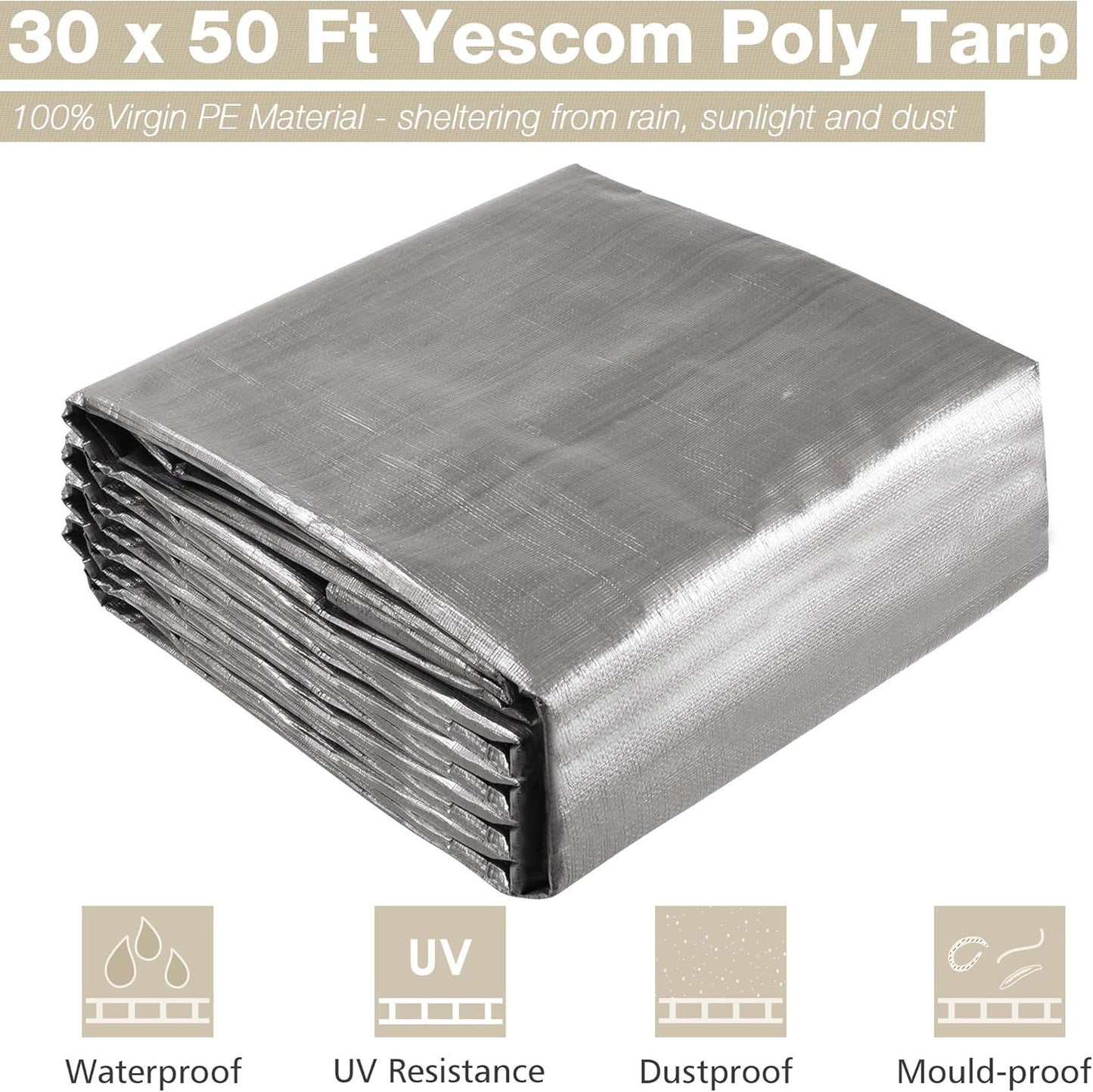 Yescom 50x30ft Heavy Duty Reinforced Poly Tarp Waterproof Tarpaulin 10mil Ground Sheet Camping Tent Cover with Eyelets Reversible Silver Black Tarps