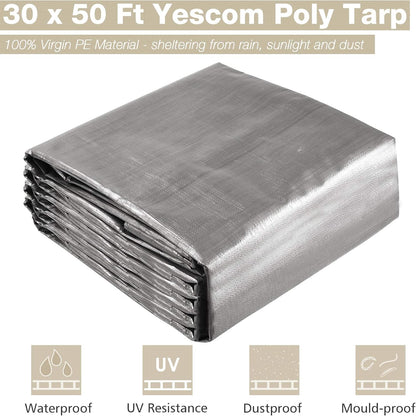 Yescom 50x30ft Heavy Duty Reinforced Poly Tarp Waterproof Tarpaulin 10mil Ground Sheet Camping Tent Cover with Eyelets Reversible Silver Black Tarps