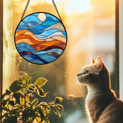 Stained Glass Window Hanging 4 Pcs Set Blue Orange Ocean Beach Theme Large 11.8" - Suncatcher Door Garden Sun Catcher Decor Birthday Christmas for Mom Woman Nana Men Wife