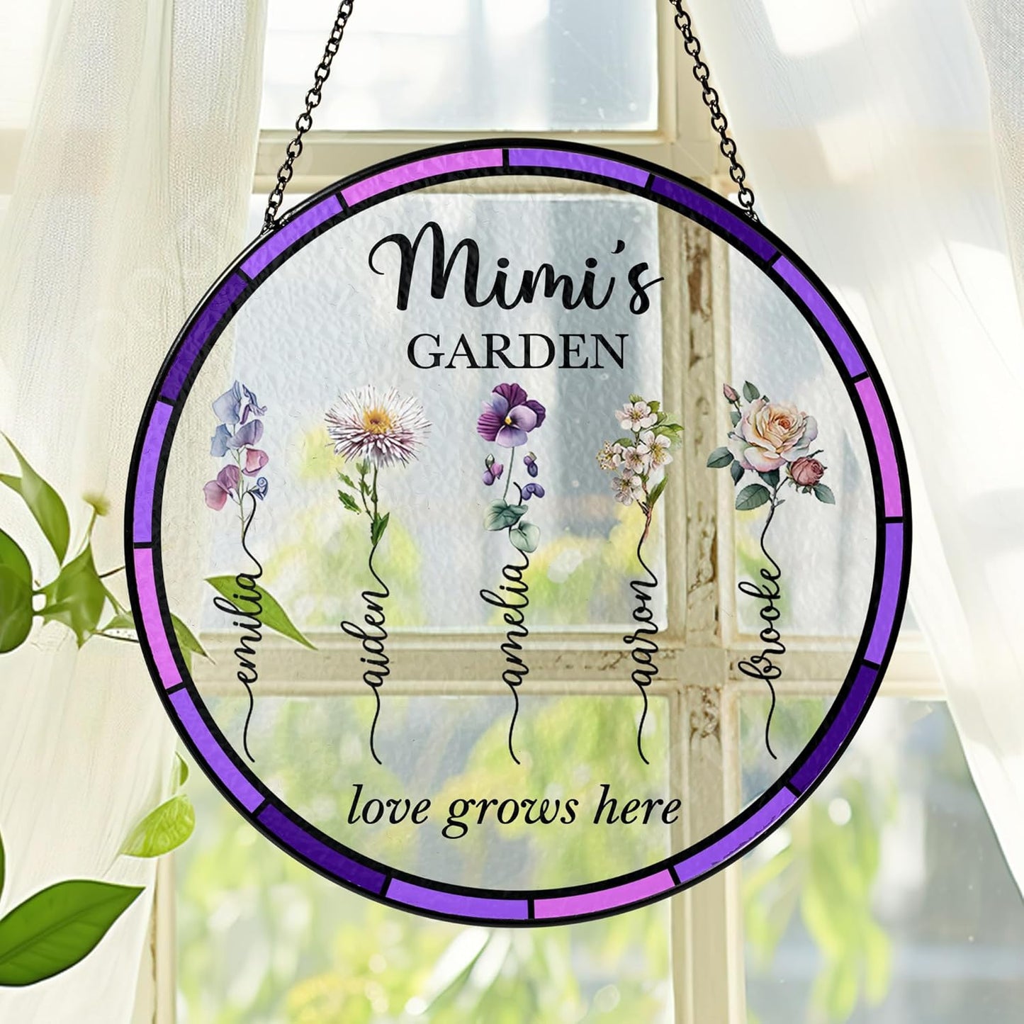 NAZENTI Personalized Nana's Garden Stained Glass Suncatcher with Birth Month Flowers, Custom Grandma's Garden Window Hanging Ornament, Mothers Day Grandma Mom Gifts, Gifts for Nana Mimi