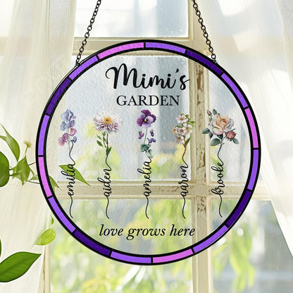 NAZENTI Personalized Nana's Garden Stained Glass Suncatcher with Birth Month Flowers, Custom Grandma's Garden Window Hanging Ornament, Mothers Day Grandma Mom Gifts, Gifts for Nana Mimi