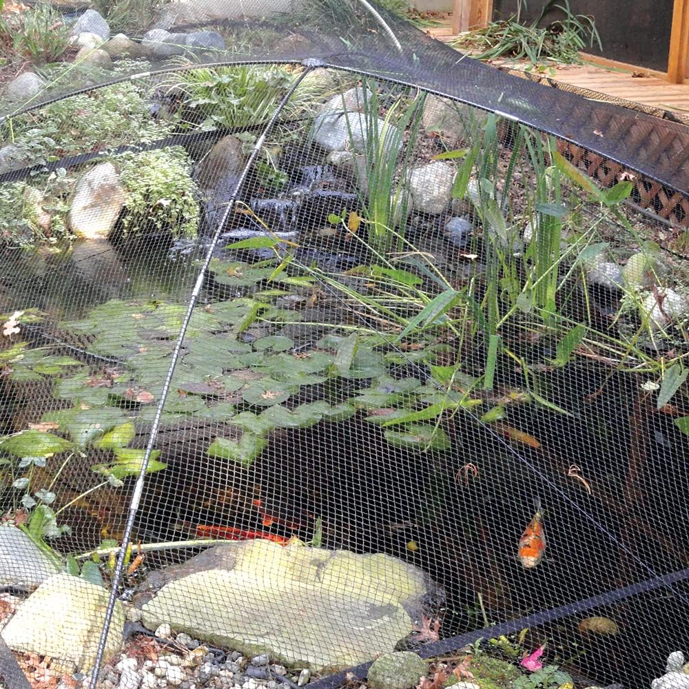 Koi Pond Netting for Leaves 50x50 Ft, 1 in Strong Woven Pond Leaf Net Cover, Protecting Koi Fish from Herons, Raccoons, Birds, Cats & Predators, 28 Pcs Stakes Included