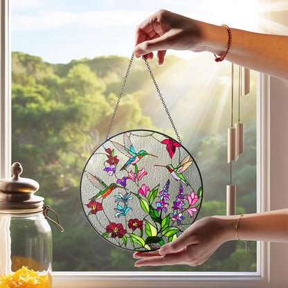 6" Green Hummingbird Stained Glass Suncatchers, Bird and Flowers Art Glass for Sun Catcher Indoor Window Gift for Animal Nature Floral Bird Lovers Women Mom Friend Painted Panel Décor BIRD-18B-SG6