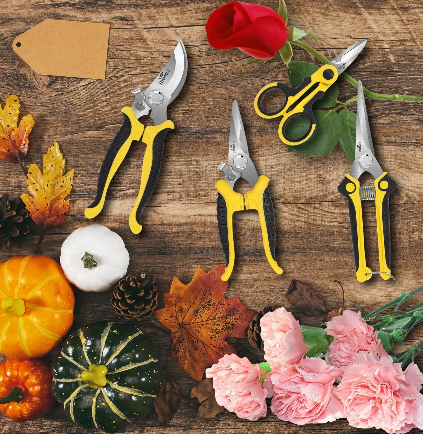4-Pack Multifunctional Garden Scissors Set-Yellow-BIDMLI Stainless Steel Pruning &Floral Shears with One-Piece Handle Blades Tree Pruning, Flower Trimming, Fruit Picking Tasks Home&Garden Tool.