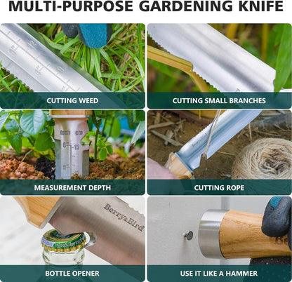 Berry&Bird Hori Hori Garden Knife, Multi-Purpose Gardening Knifes with 7" Stainless Steel Double Edge Sharp Blade, Soil Knife with Canvas Sheath, Full-Tang Garden Tools for Weeding Planting Digging