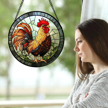 Stained Glass Window Hanging - Rooster Suncatcher for Doors Garden Patio Retro PColored Chicken Sun Catchers Decor Christmas Mother's Day Birthday Gifts for Women Men Mom Nana Friend 7.8 in