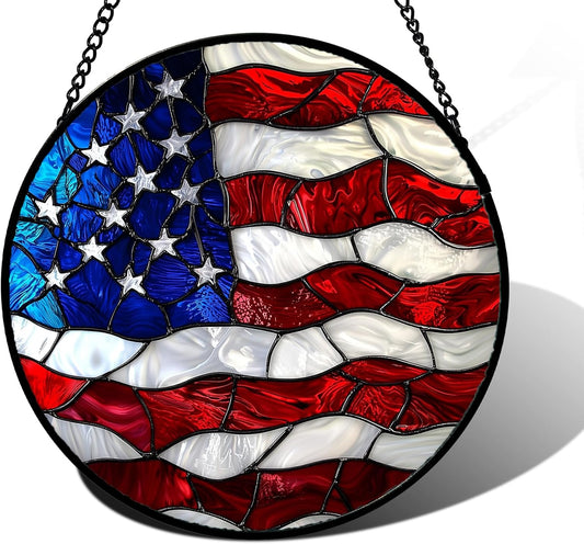 Stained Glass Window Hanging, Blue, White Red National Flag Pattern Sun Catchers Diamond Glass