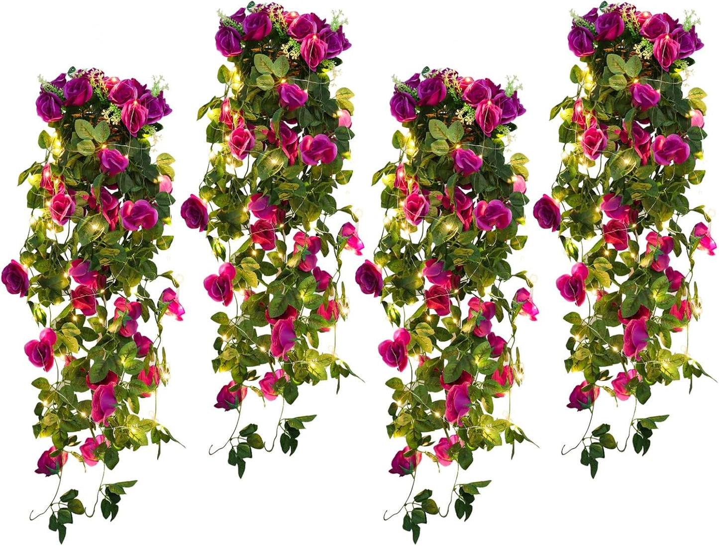 RECUTMS Artificial Hanging Rose Flower Plants Outdoor with 30 LED Fairy String Lights Fake Flowers for House Garden Patio Front Porch Indoor Decor (Purple)