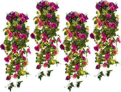 RECUTMS Artificial Hanging Rose Flower Plants Outdoor with 30 LED Fairy String Lights Fake Flowers for House Garden Patio Front Porch Indoor Decor (Purple)